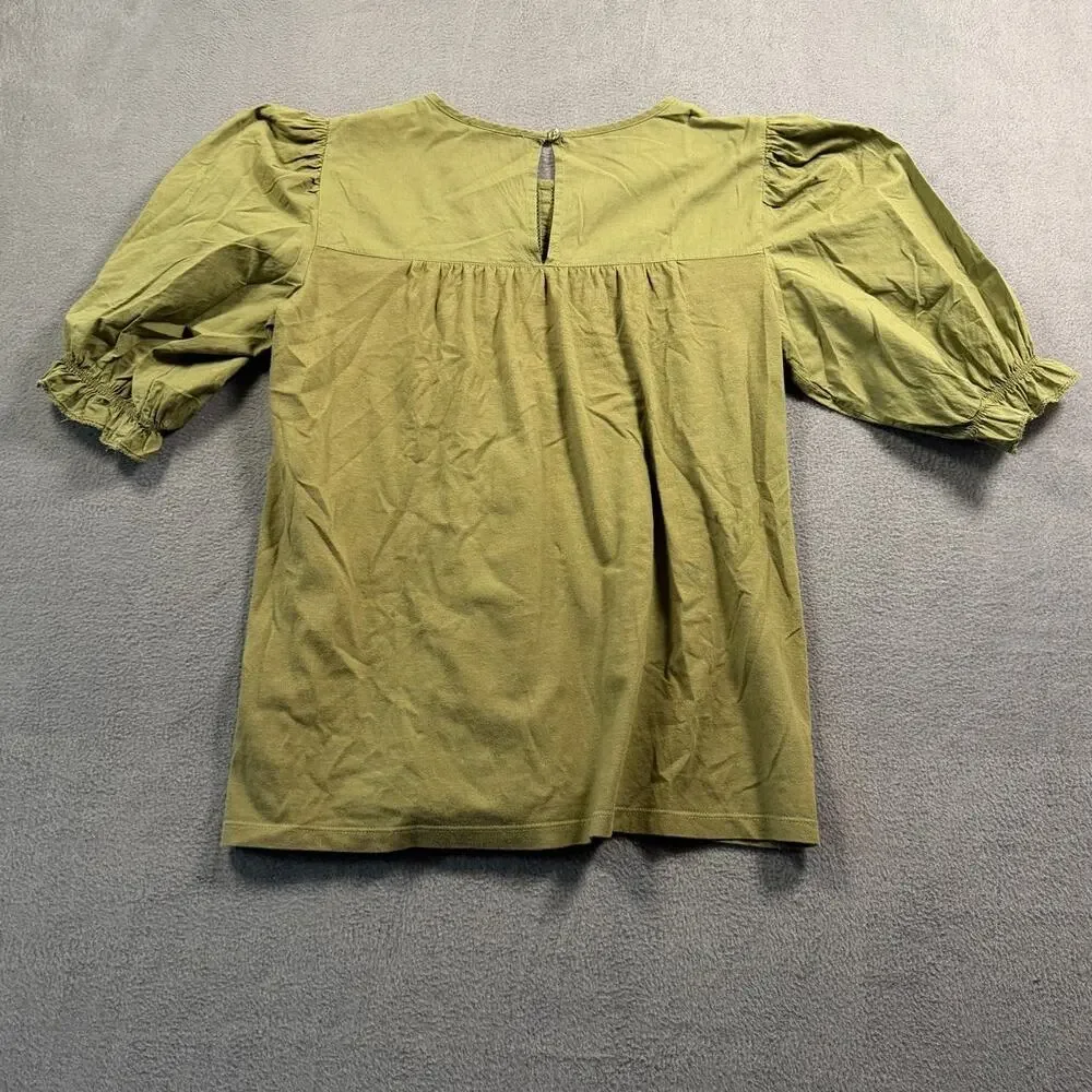 J. Crew Womens XS Olive Green Pintuck Lace Puff Sleeve Babydoll Blouse Top